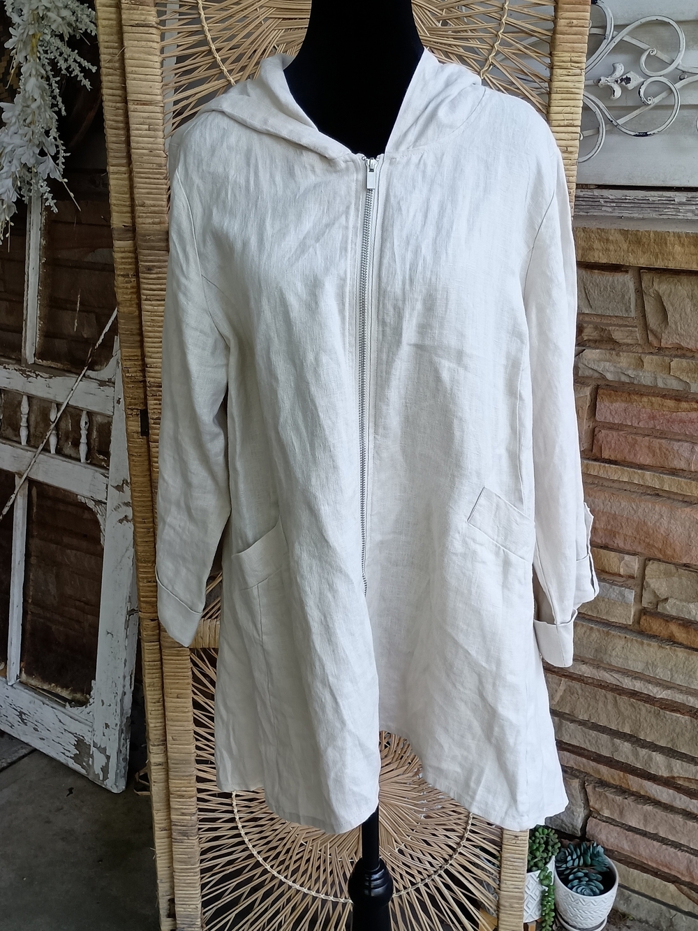 NWOT For Cynthia Lightweight 100% Linen Cream Hooded Coat_L - Picture 2 of 10